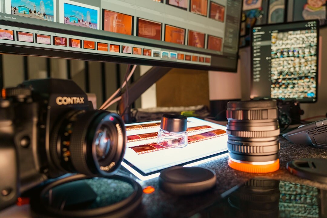 Film reel and movie production equipment on a wooden table